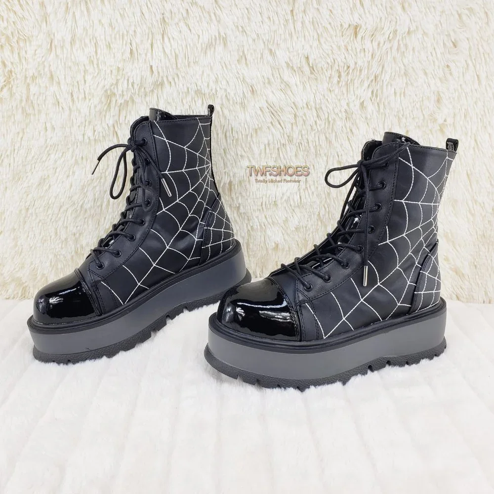 Black Matte Platform Spider Web Ankle Boots Punk Rave Festival Slacker_15